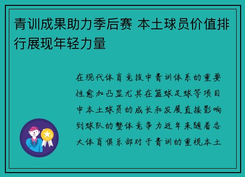 青训成果助力季后赛 本土球员价值排行展现年轻力量