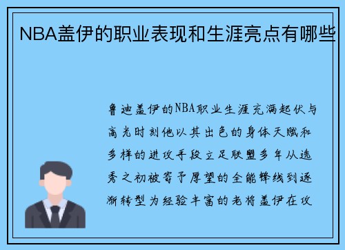 NBA盖伊的职业表现和生涯亮点有哪些